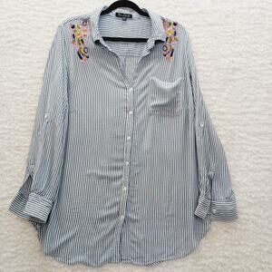 Blouse Button-Up Size 1X Embroider Stripe Boho Cottagecore Lagenlook Whimsycore